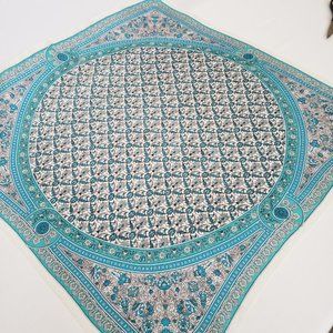 Vintage Oscar De La Renta Indienne Print Scarf-30x30-100% Silk-Turquoise/White